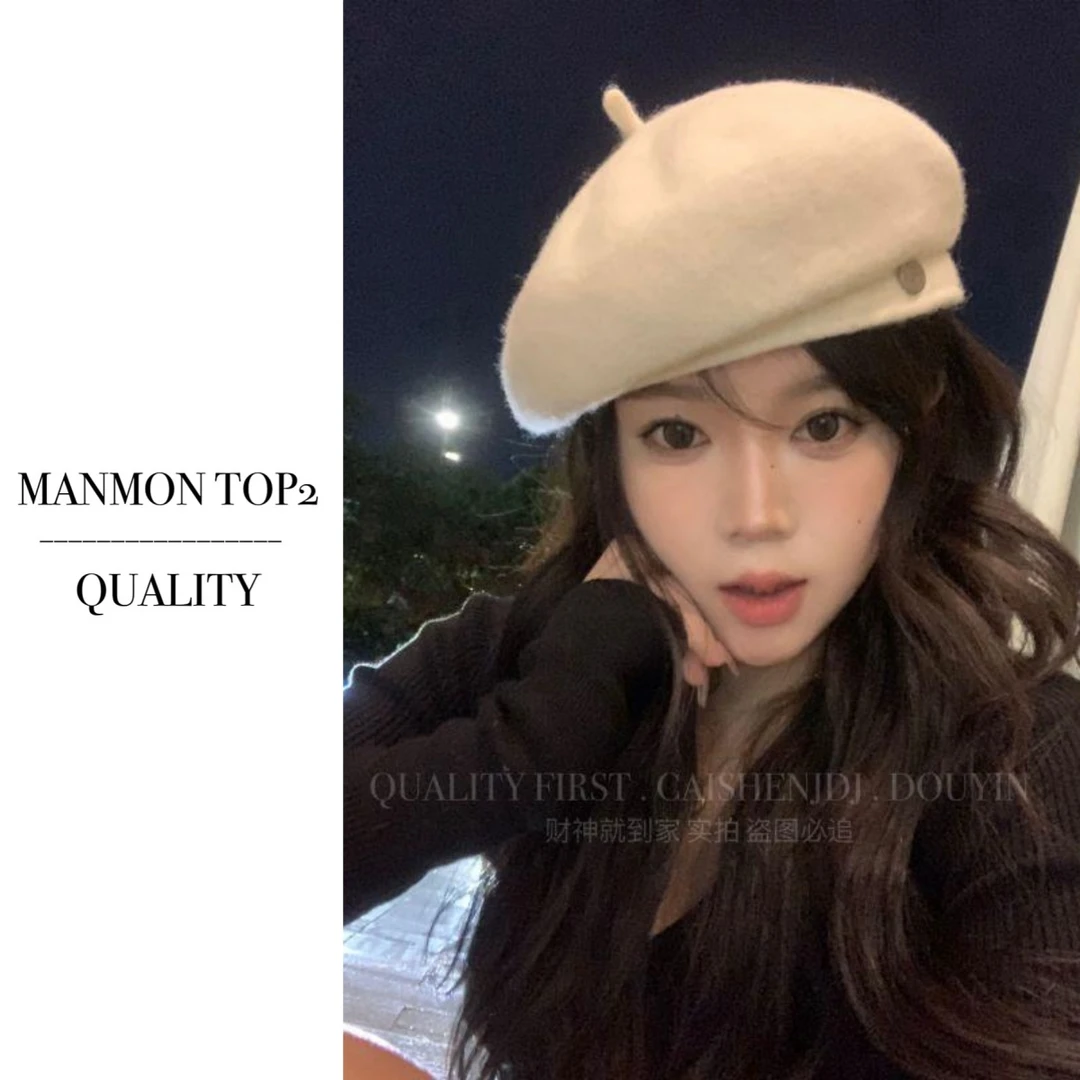 Manmon`高级感羊毛贝雷帽子女秋冬大头围复古网红画家帽显脸小帽