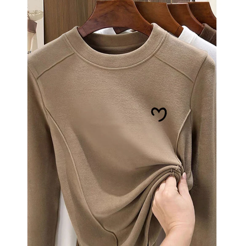 德绒磨毛正肩长袖t恤女时尚百搭洋气2024秋冬季上衣加厚款打底衫