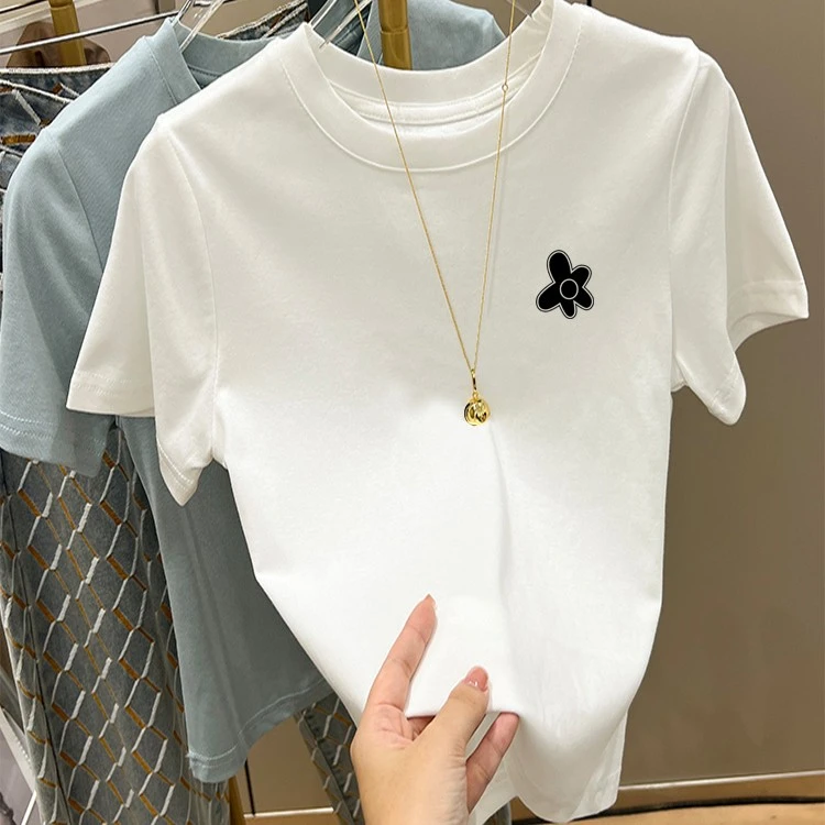 2023新款正肩短袖T恤女设计感小众白色上衣时尚百搭减龄显瘦洋气
