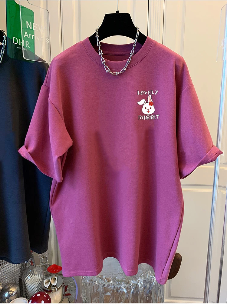 磨毛短袖t恤女中长款时髦个性宽松百搭内搭打底衫粉色早秋上衣潮