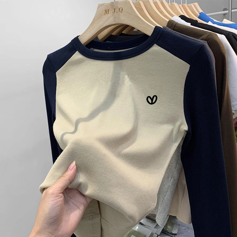 正肩长袖2025新款t恤女打底衫ins时尚百搭拼色插肩女士上衣春秋季