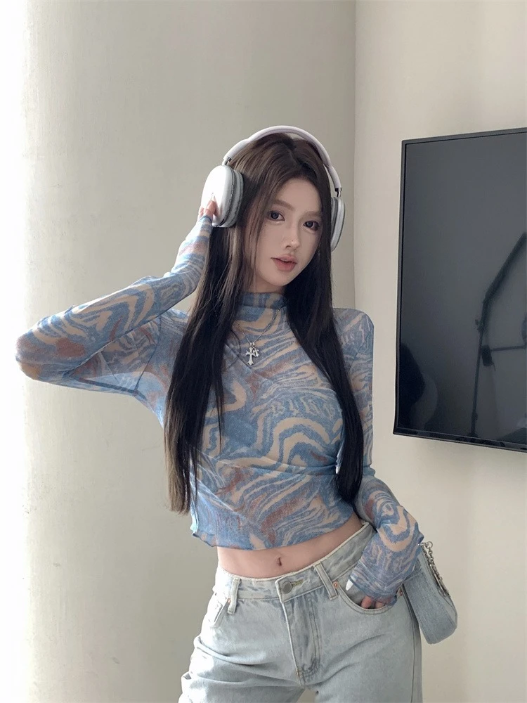 美式复古扎染网纱长袖T恤女夏季薄款外穿防晒罩衫修身甜辣小上衣