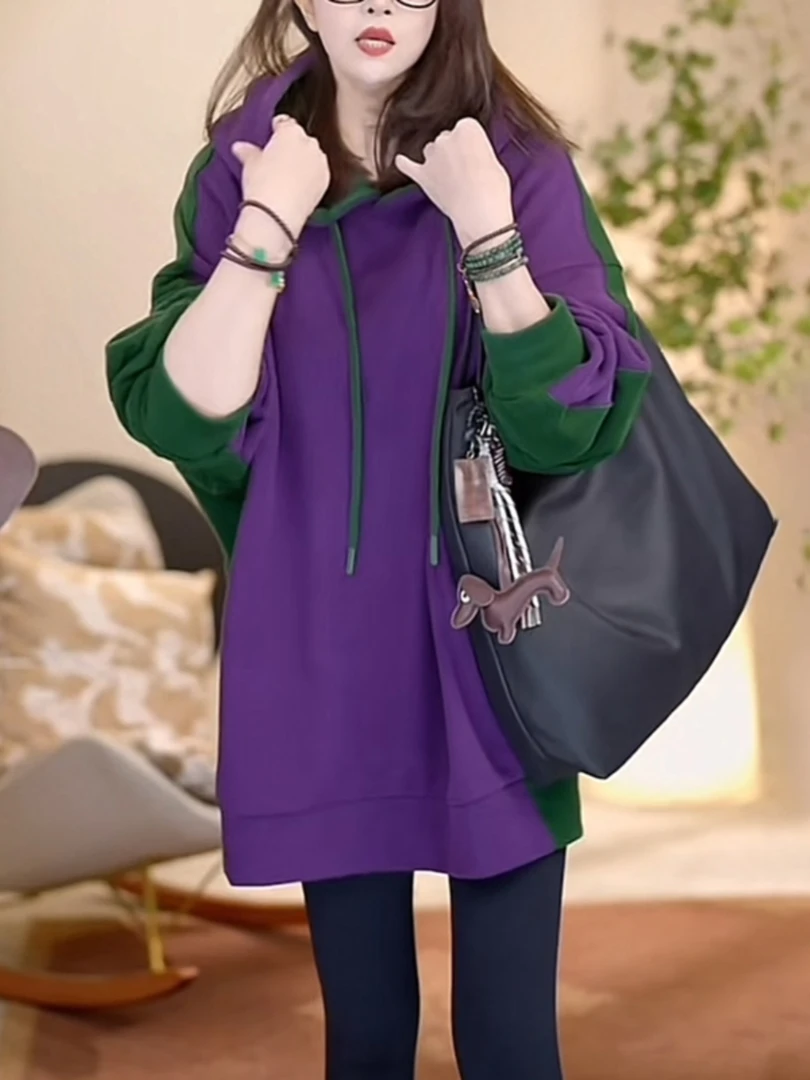 欧货轻奢加绒加厚连帽卫衣女款秋冬时尚百搭遮屁股宽松中长款上衣