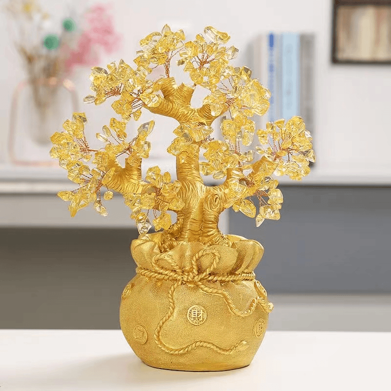 黄水晶摇钱树聚宝盆发财树招财摆件办公室店铺酒柜装饰品开业礼品