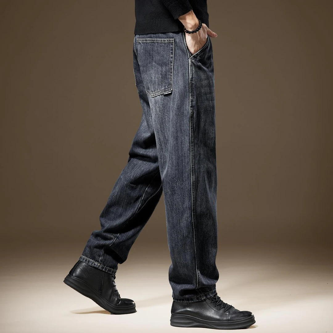 高档复古石墨水洗牛仔裤子男秋季加绒宽松直筒大尺码阔腿休闲长裤