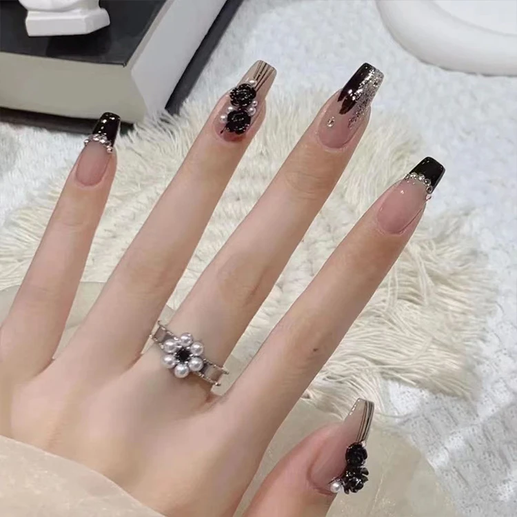 260长款黑色山茶花穿戴式美甲贴片假指甲贴片带钻可拆卸24片成品