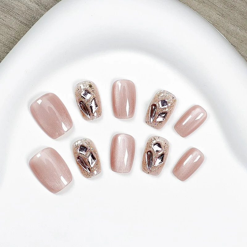 569纯手工甲粉色猫眼带钻光疗美甲片显白温柔穿戴甲指甲片可拆卸