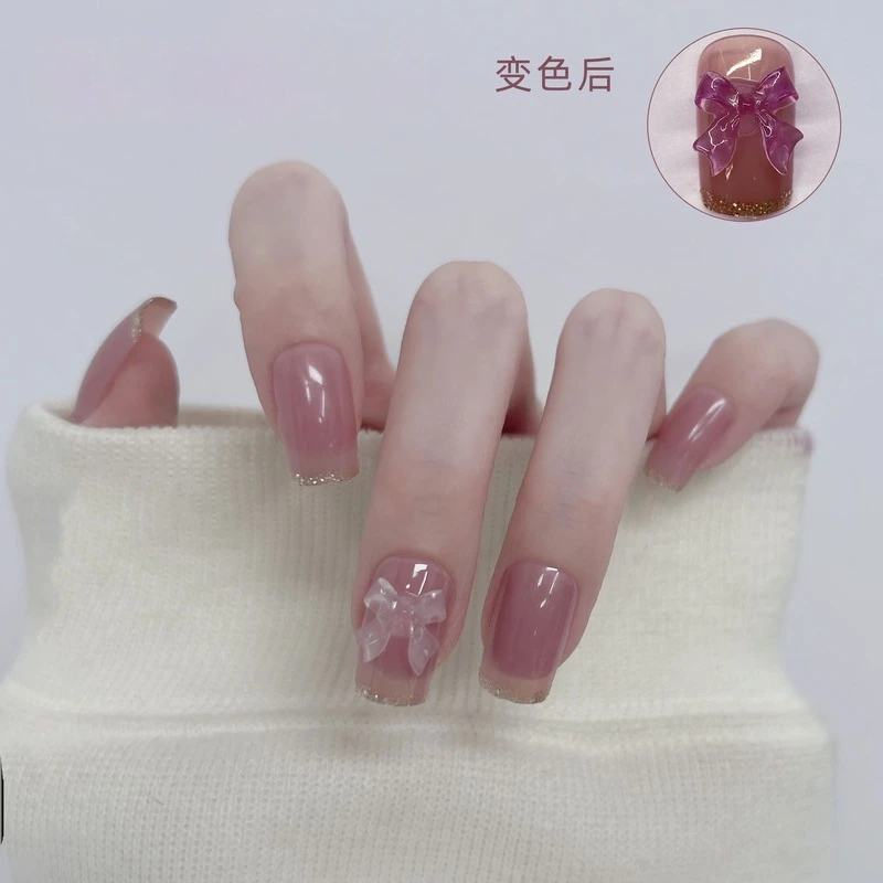 199-中长款法式光变蝴蝶结穿戴美甲简约可拆卸美甲贴片24片指甲贴