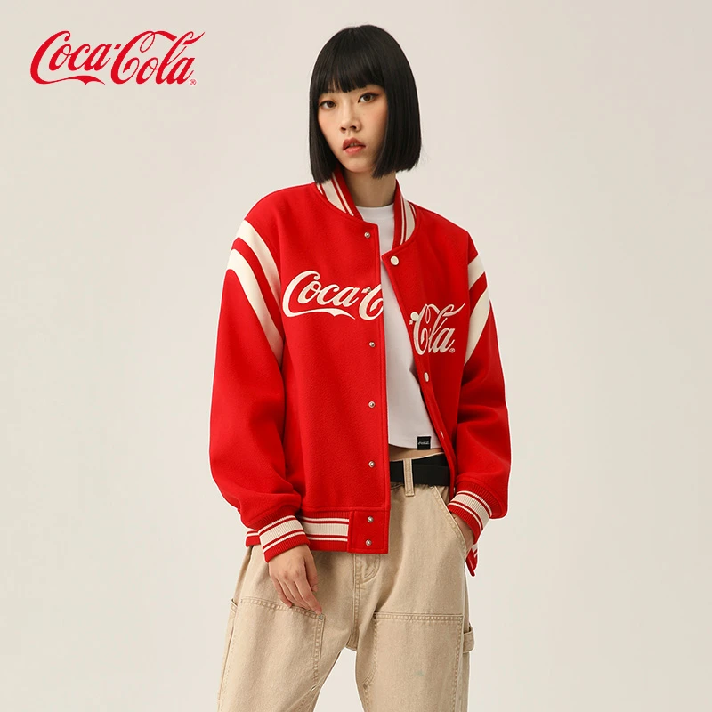 Coca-Cola/可口可乐棒球服美式潮牌宽松条纹拼接情侣夹克立领外套