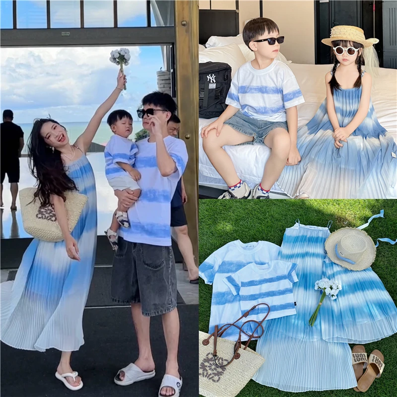 度假海浪连衣裙夏季新款一家三口四口亲子装度假风母女裙全家装