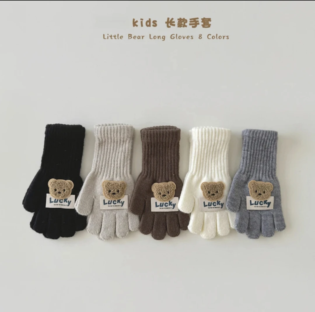 韩国儿童手套卡通小熊ins长款男童女童保暖分指宝宝针织手套