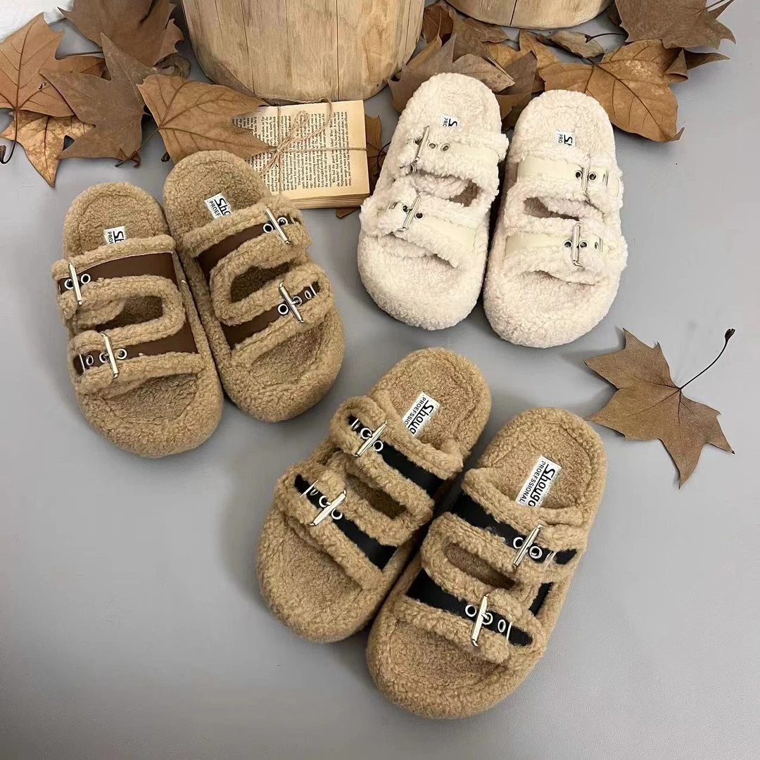 24年双皮带扣韩里韩气拖鞋慵懒随性毛毛拖百搭可调节