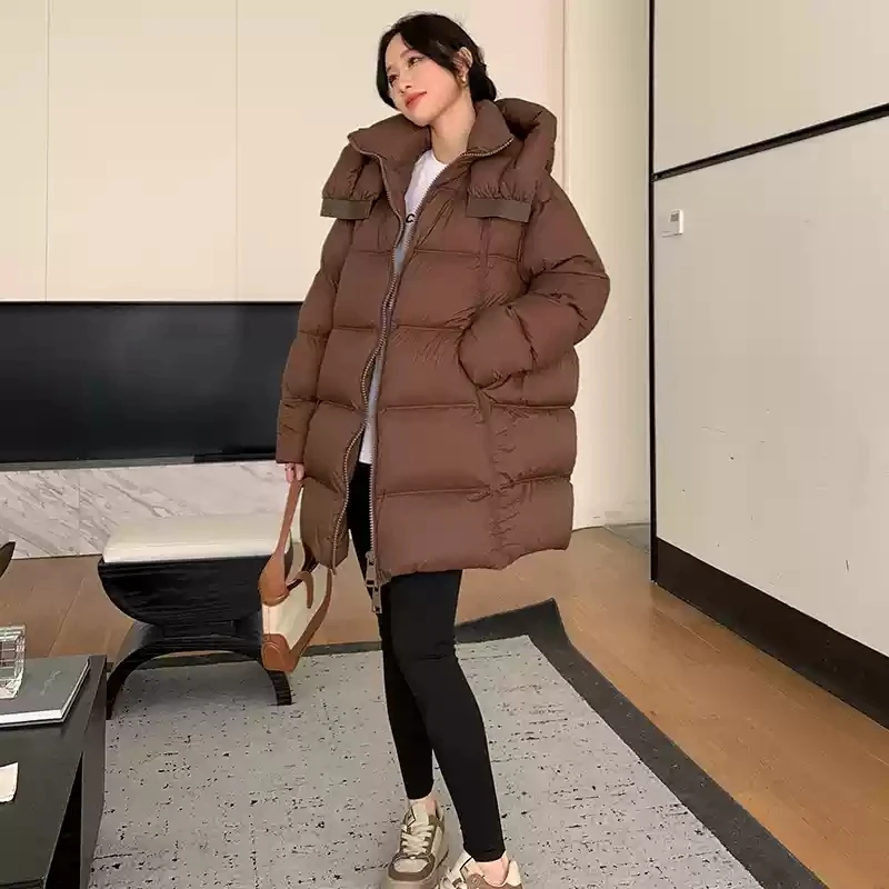 2024冬季轻柔白鹅绒羽绒服女中长款宽松连帽加厚时尚面包服WK2