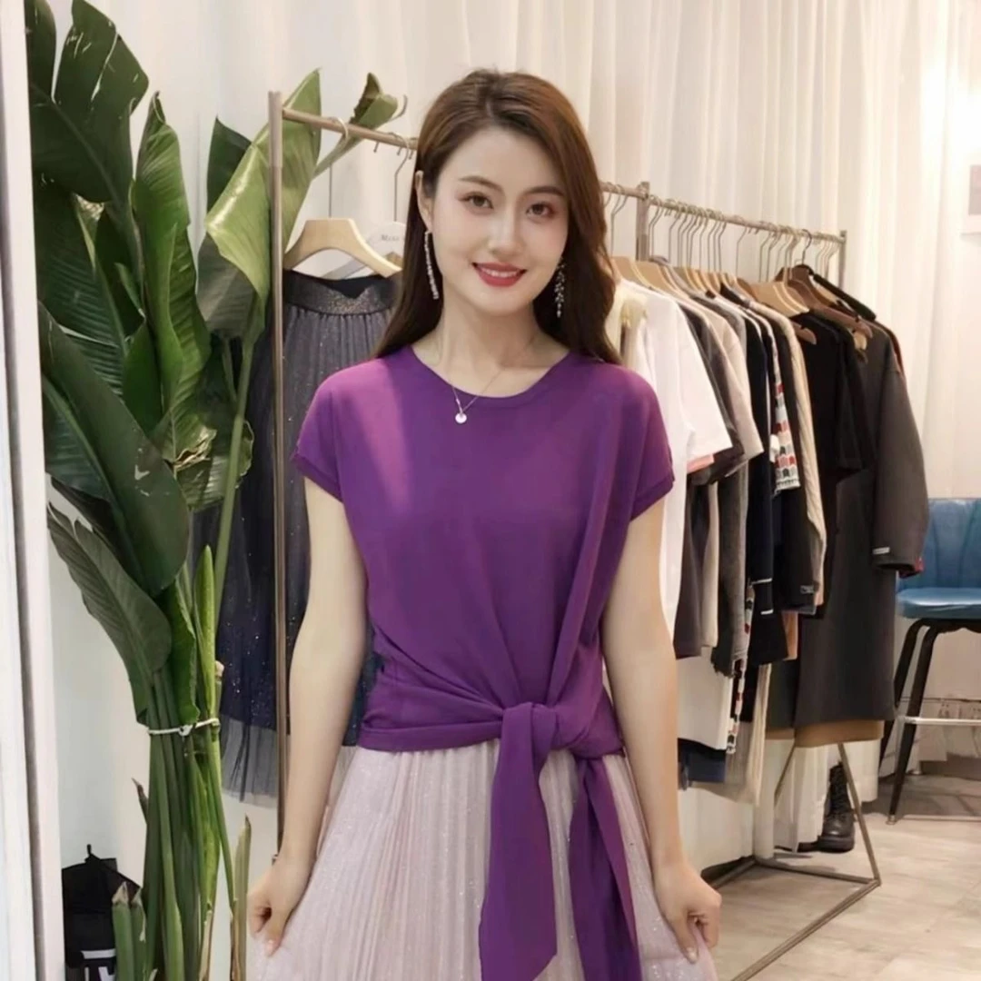 圆领系带针织短袖T恤女夏季新款时尚百搭气质显瘦宽松ins风上衣女