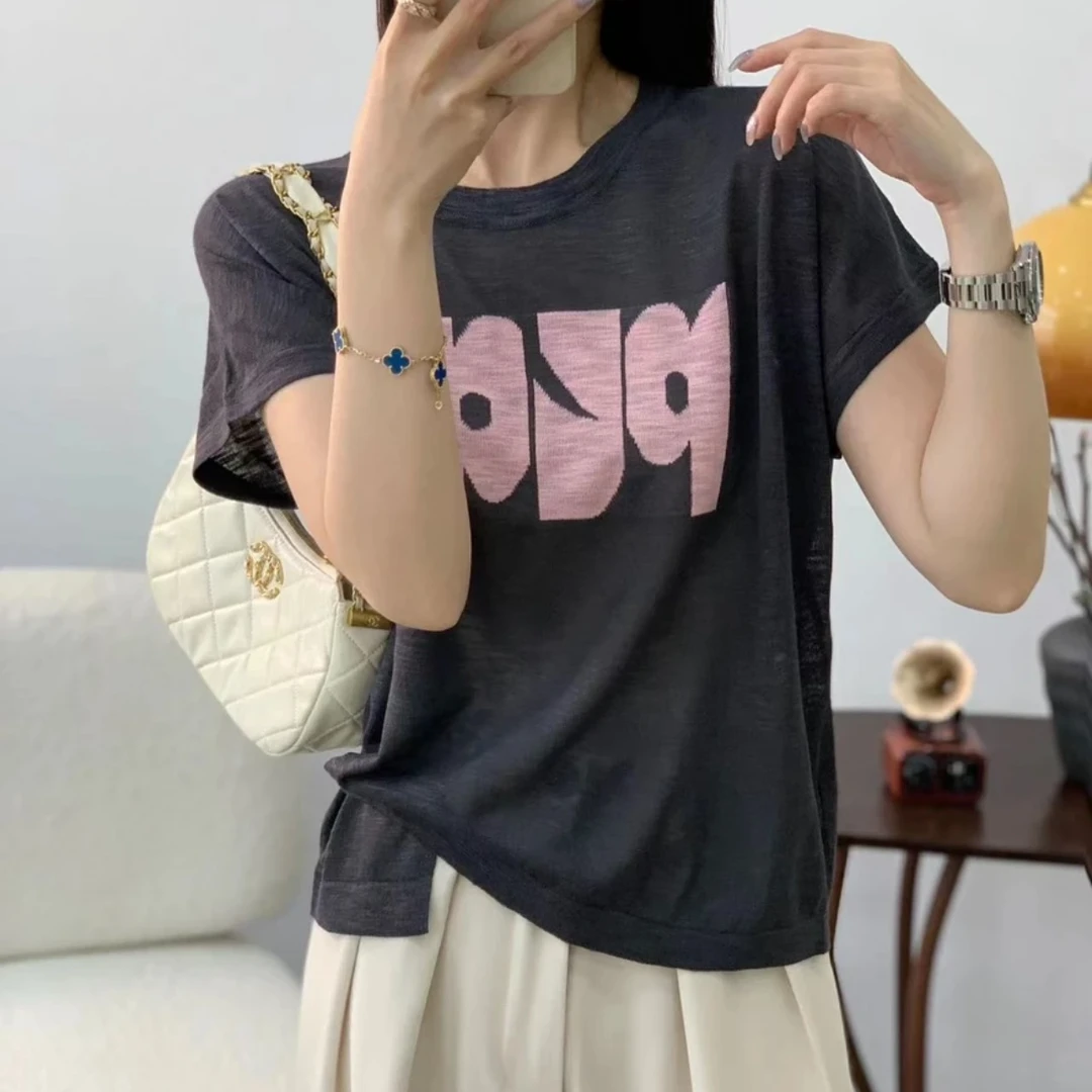 夏季新款14针竹节麻洋气短袖宽松显瘦薄款圆领打底衫休闲透气舒服