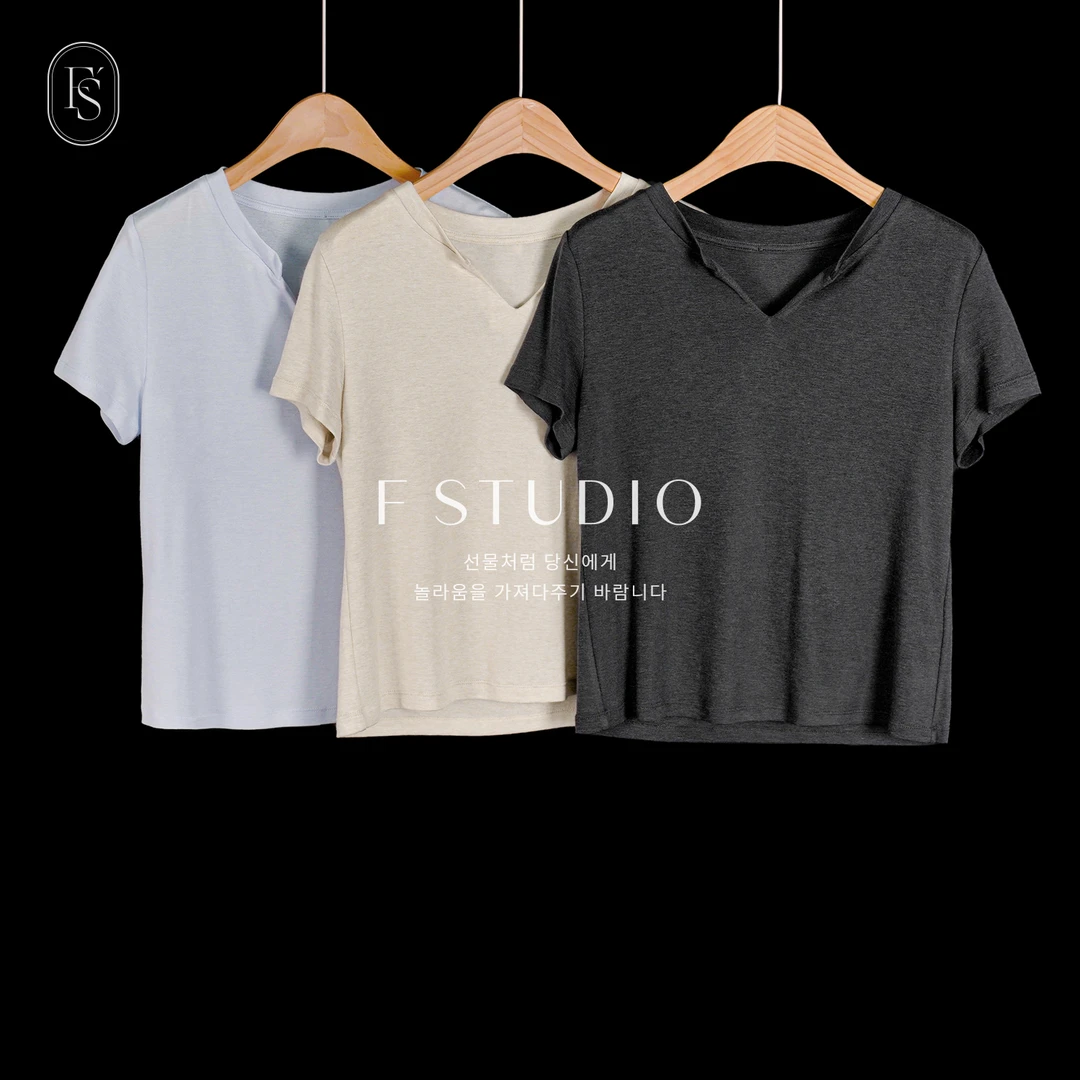 法儿家韩国限定「新品」【温柔良夜】小V领短袖T恤FS404S018