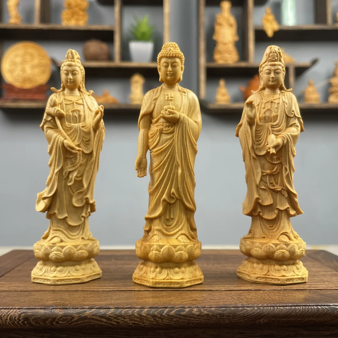 崖柏木雕西方三圣摆件家居办公室中式客厅创意根雕文玩工艺品装饰