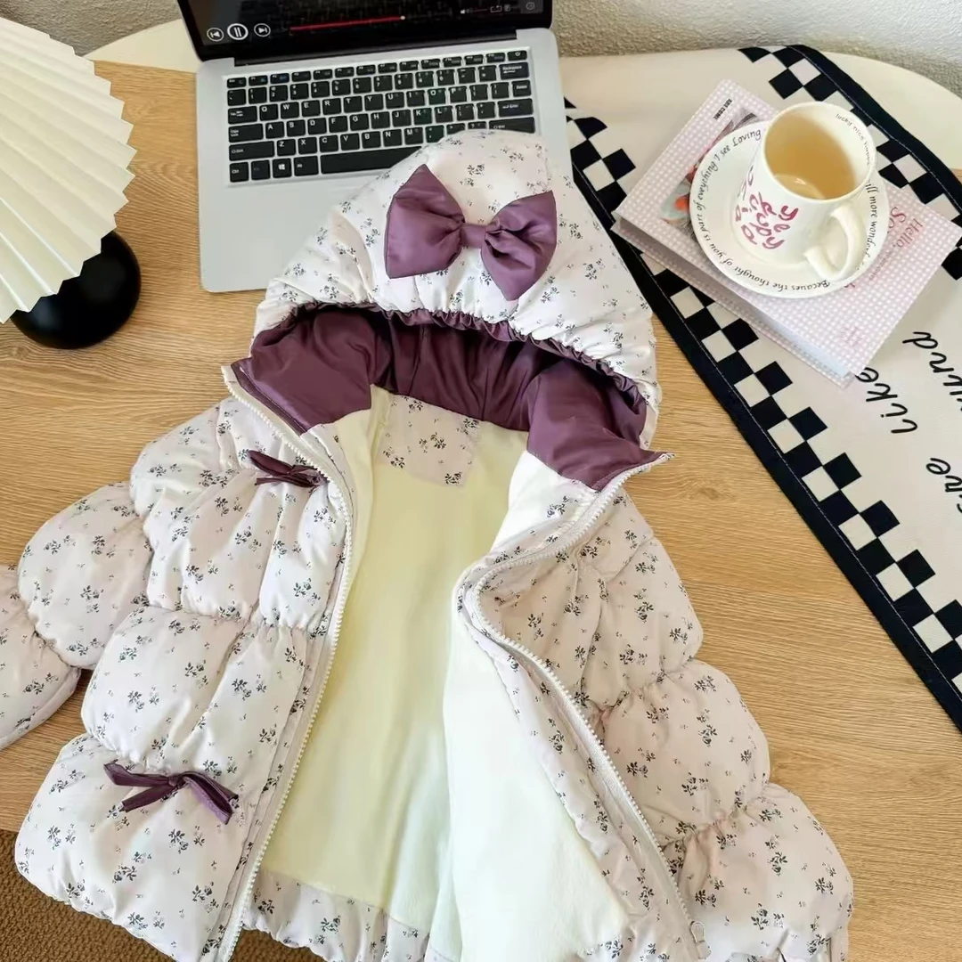 女童外套2024冬季新款保暖加绒加厚可爱休闲碎花蝴蝶结外套时尚