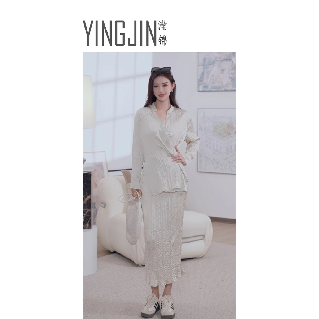 【YINGJIN】夏季新中式压褶时尚两件套上衣4.30