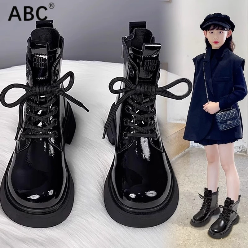 ABC女童靴子2024秋冬新款儿童马丁靴小女孩单靴中大童加绒短棉靴
