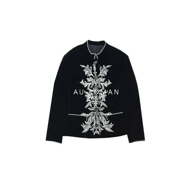 优雅气质重工手工钉珠收腰修身丝绒外套