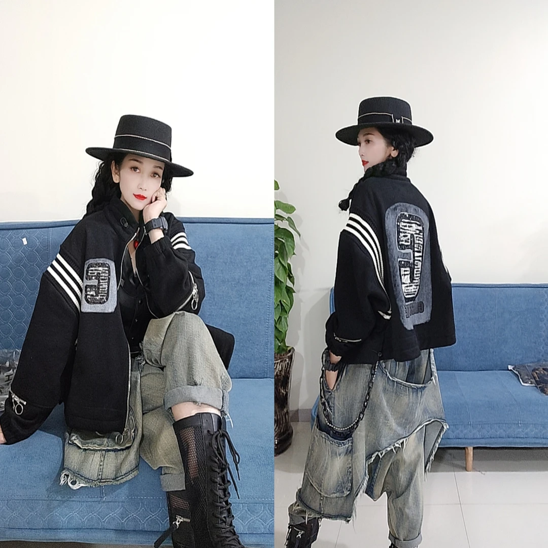 潮牌欧货新款冬款外套WT1025款宽松百搭黑色洋气绣花拼接