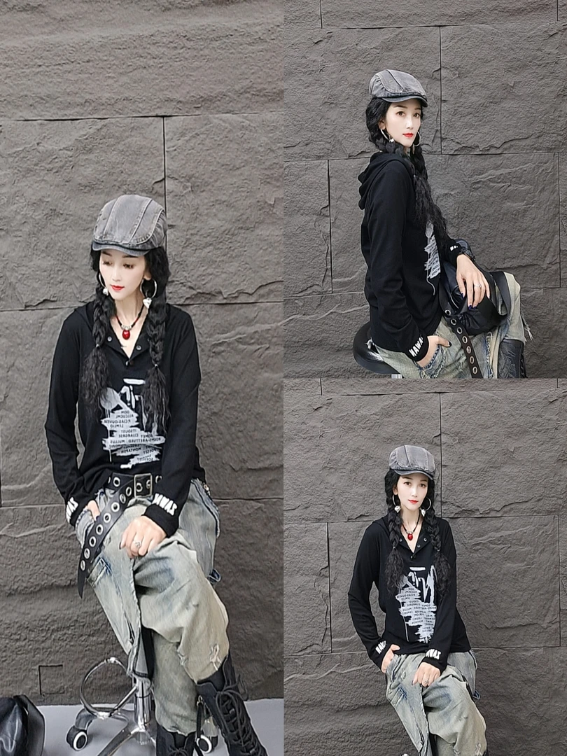 潮牌欧货新款加厚抓绒帽衫长袖上衣1102款百搭时尚宽松黑色印花