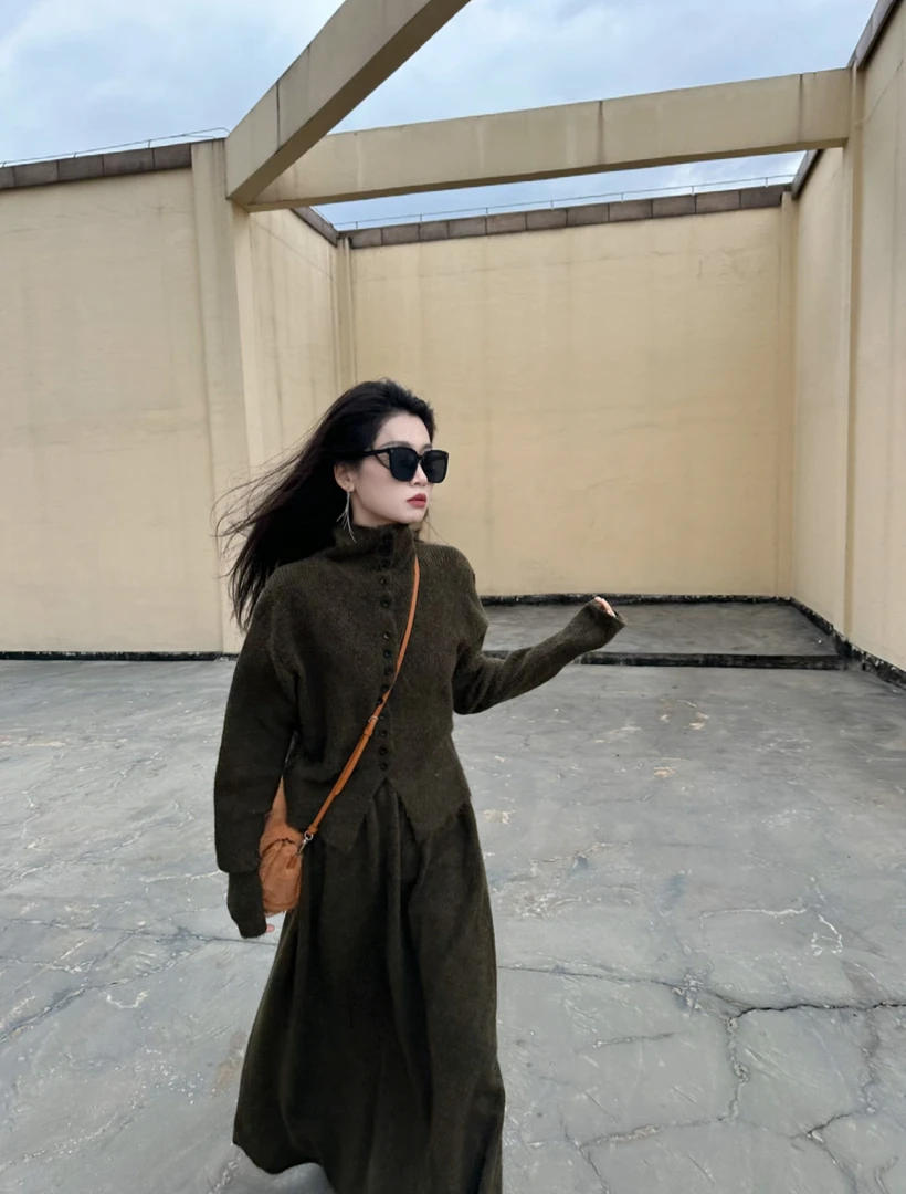 秋冬高级感毛衣套装复古休闲气质温柔显瘦单排扣高领毛衣两件套女