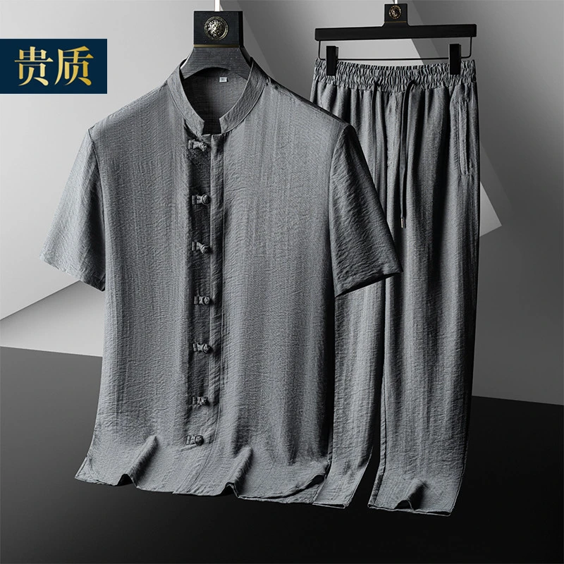 中老年人新款唐装男士爸爸夏装短袖汉服中国风夏季衣服冰丝套装