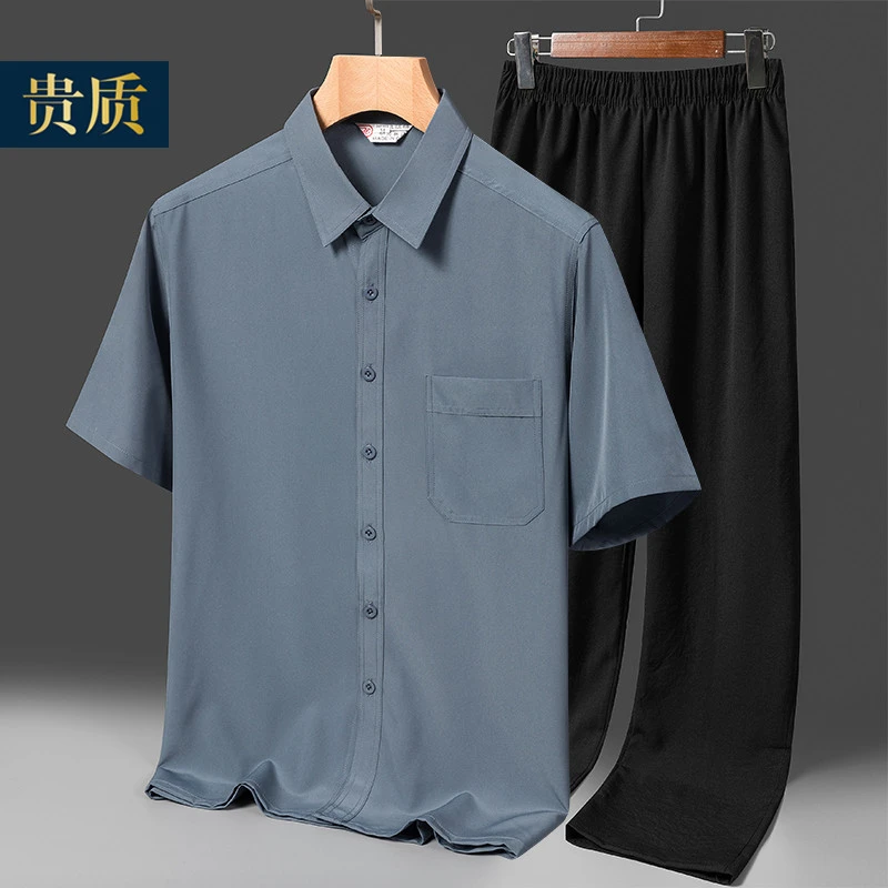 爸爸夏装两件套中老年人男士短袖衬衫60岁爷爷装衬衫薄款休闲套装