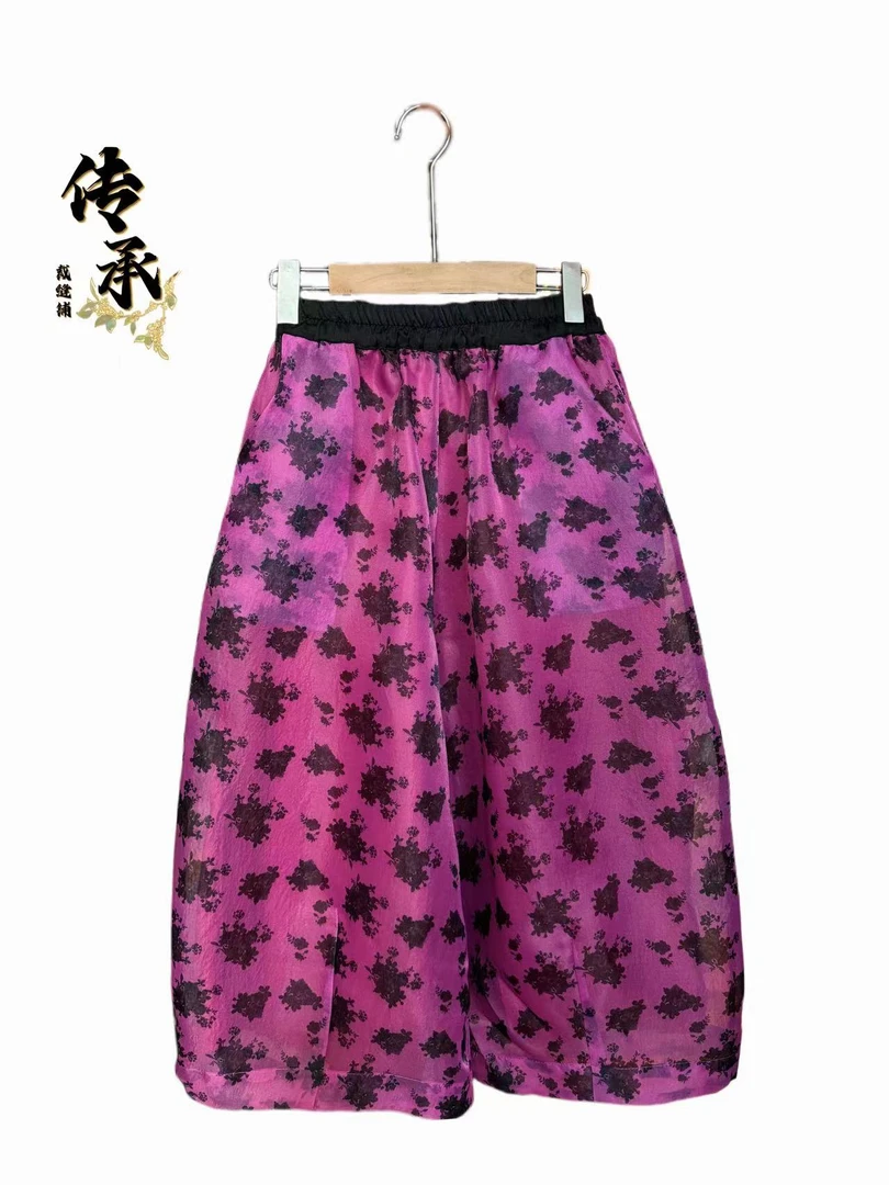 （黑粉玫瑰纱裤）印花/阔腿时/时尚/外穿/花苞裤/夏季