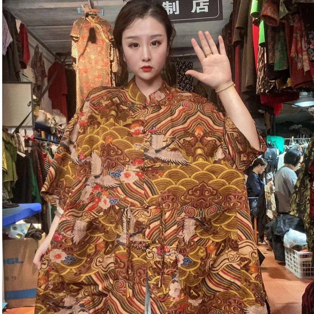 (祥云仙鹤）香云纱新中式刺绣开衫薄款复古桑蚕丝宽松印花设计师