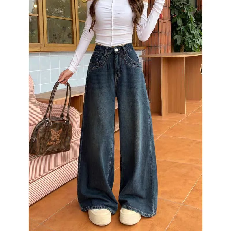 2665新款百搭直筒牛仔裤女美式复古宽松高腰显瘦拖地阔腿长裤