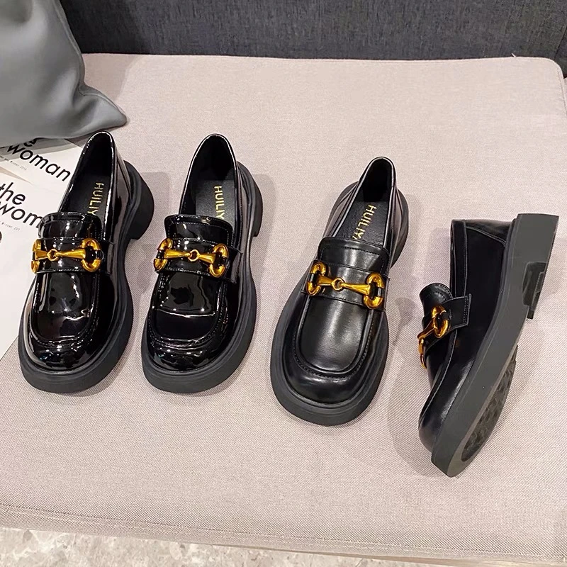 黑色时尚小皮鞋女2023新款秋冬加绒百搭鞋子厚底乐福鞋英伦风单鞋