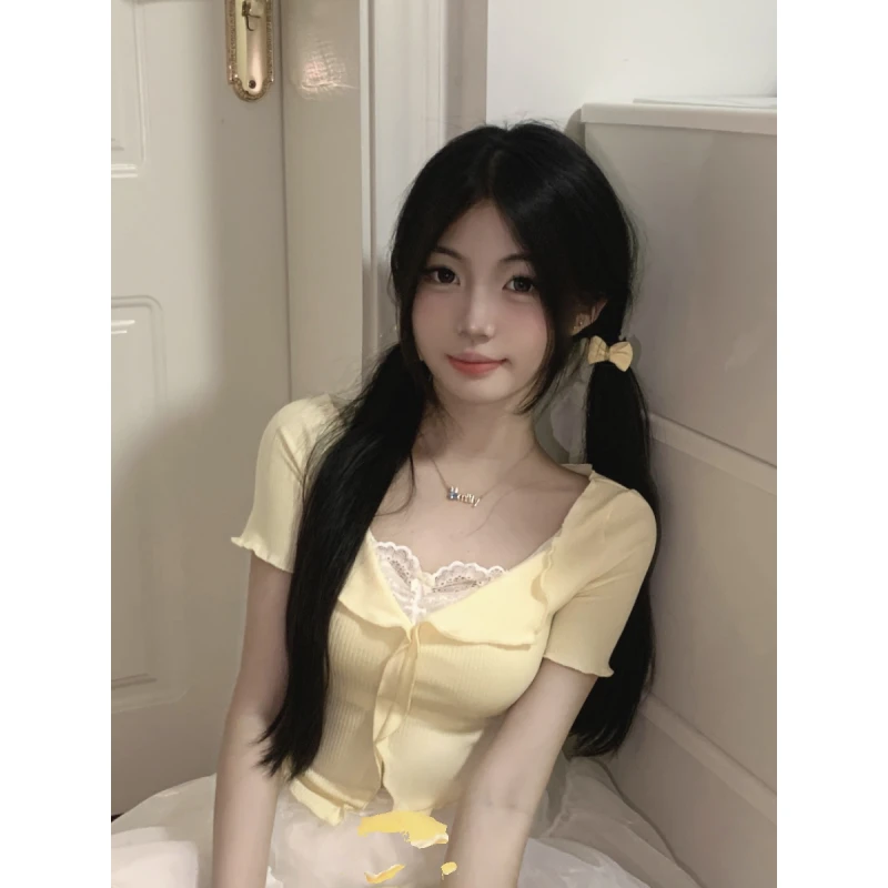 韩系bm纯欲芭蕾风短袖t恤女夏季小个子甜美假两件蕾丝拼接短上衣