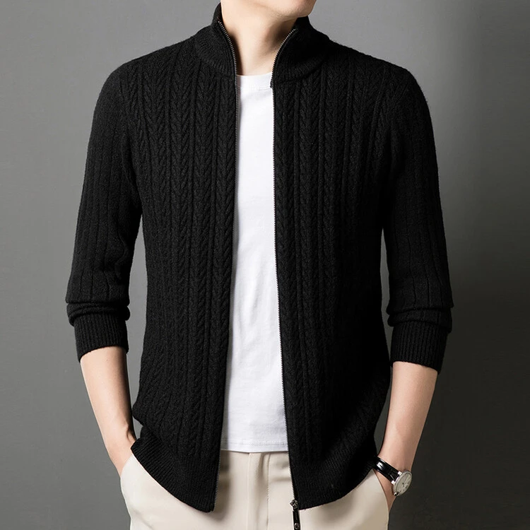 100%纯山羊绒秋季男士新款拉链款长袖针织羊绒开衫男装潮流四季流