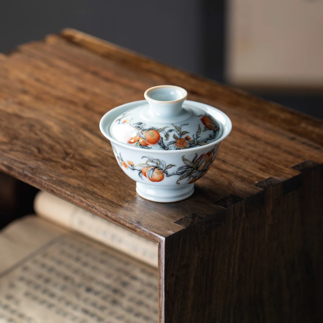 四夕窑景德镇全手工手绘原矿矾红描金寿桃九桃系列中式不烫手盖碗