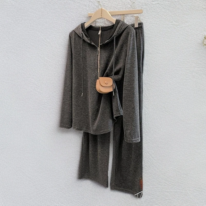 秋季新款大码女装遮肚连帽卫衣上衣阔腿裤微胖妹妹纯色休闲两件套