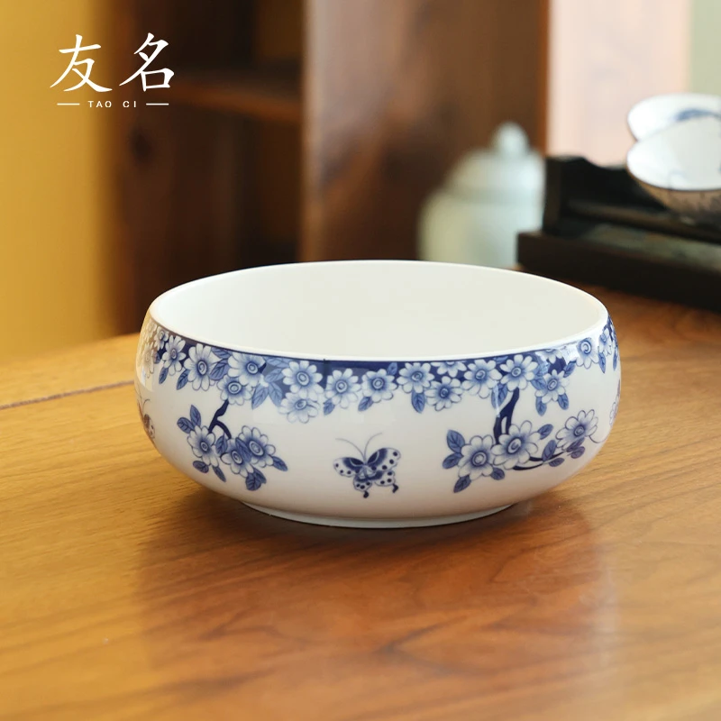 友名陶瓷 羊脂玉瓷青花玉兰蝴蝶茶洗洗笔洗-2494（直播专享）