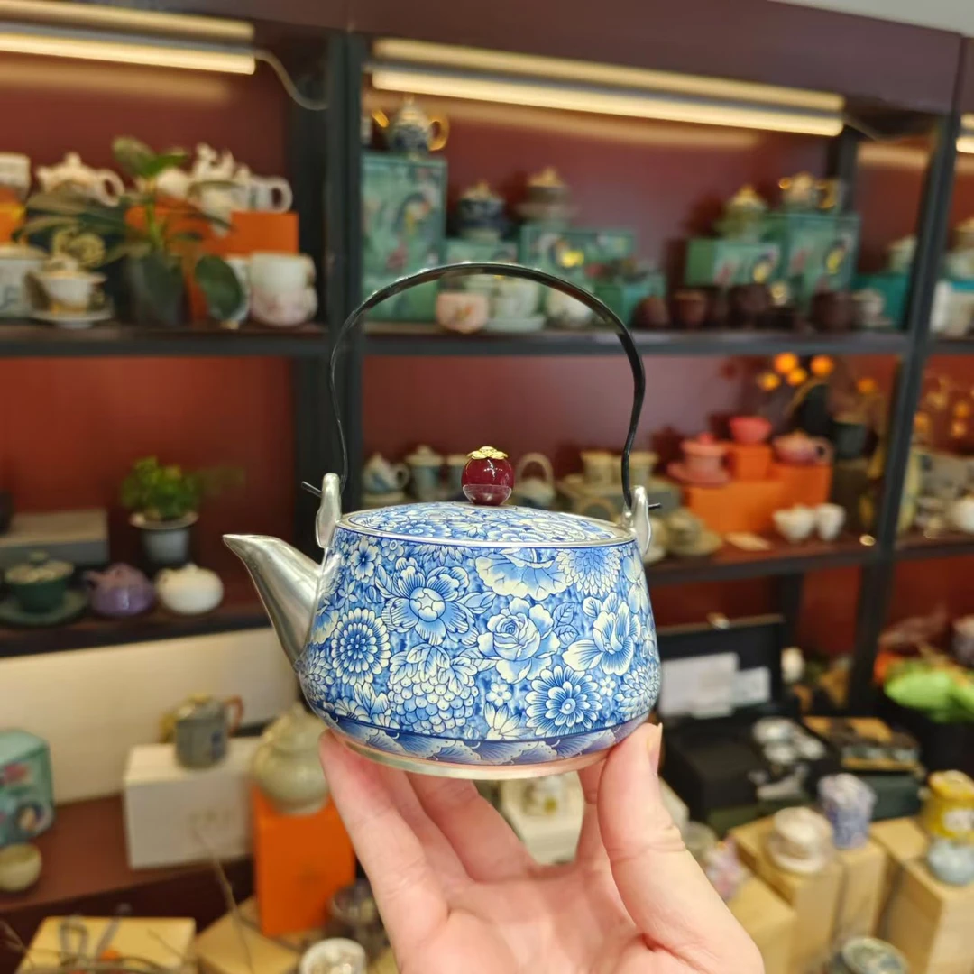 友名 青花繁花似锦鎏银提梁壶-4861