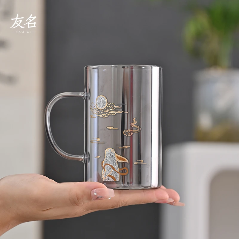 友名陶瓷 创意玉兔望月茶杯家用玻璃杯绿茶杯泡茶杯喝水杯@@2877