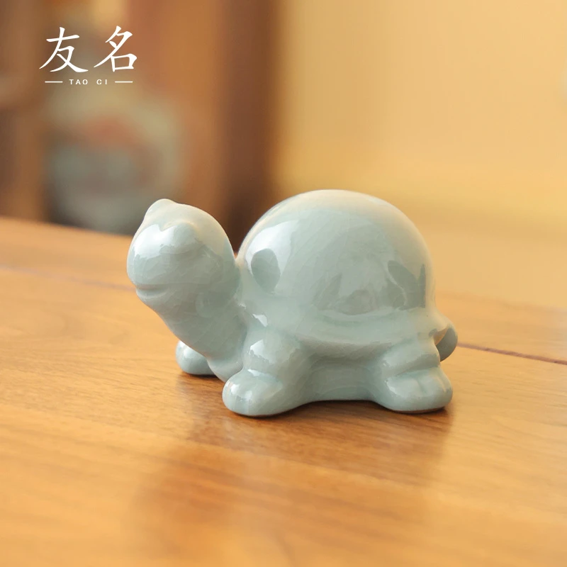 友名陶瓷 寒梅哥窑开片可养创意富甲一方乌龟茶宠桌面茶宠摆件507