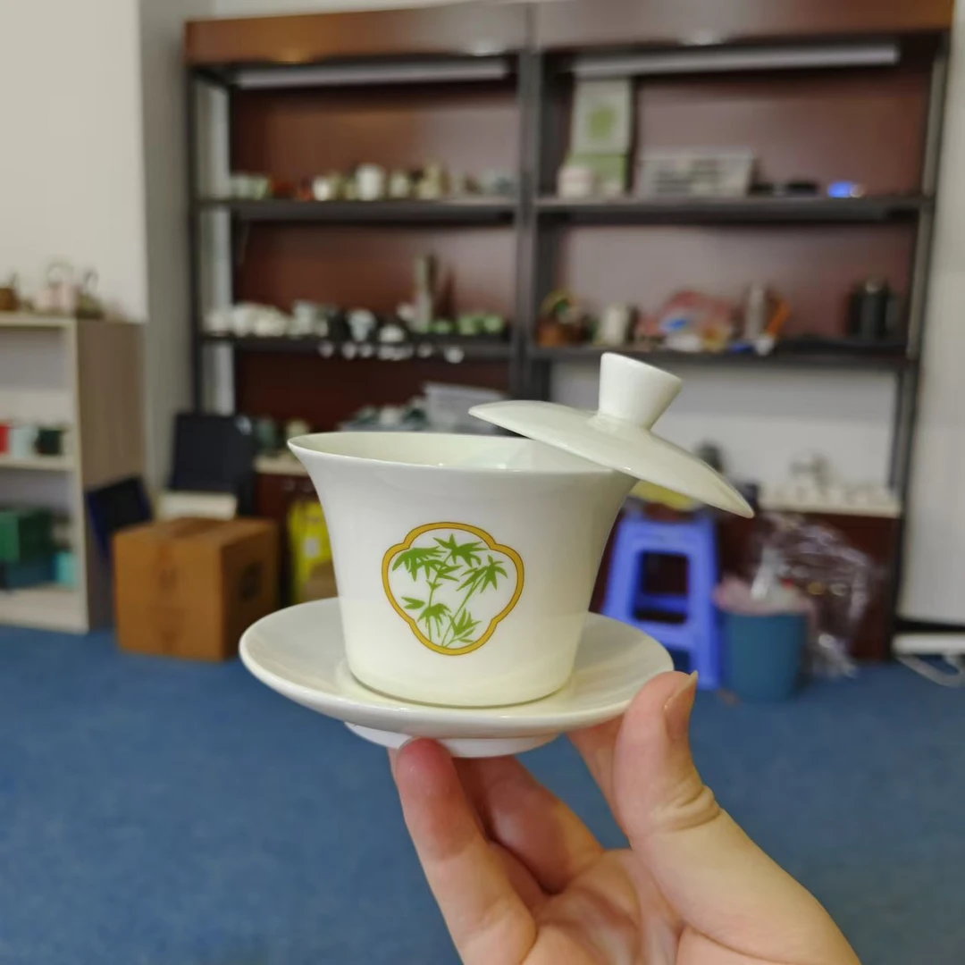 友名陶瓷  羊脂玉瓷绿竹悬停三才盖碗家用简约泡茶盖碗-4507