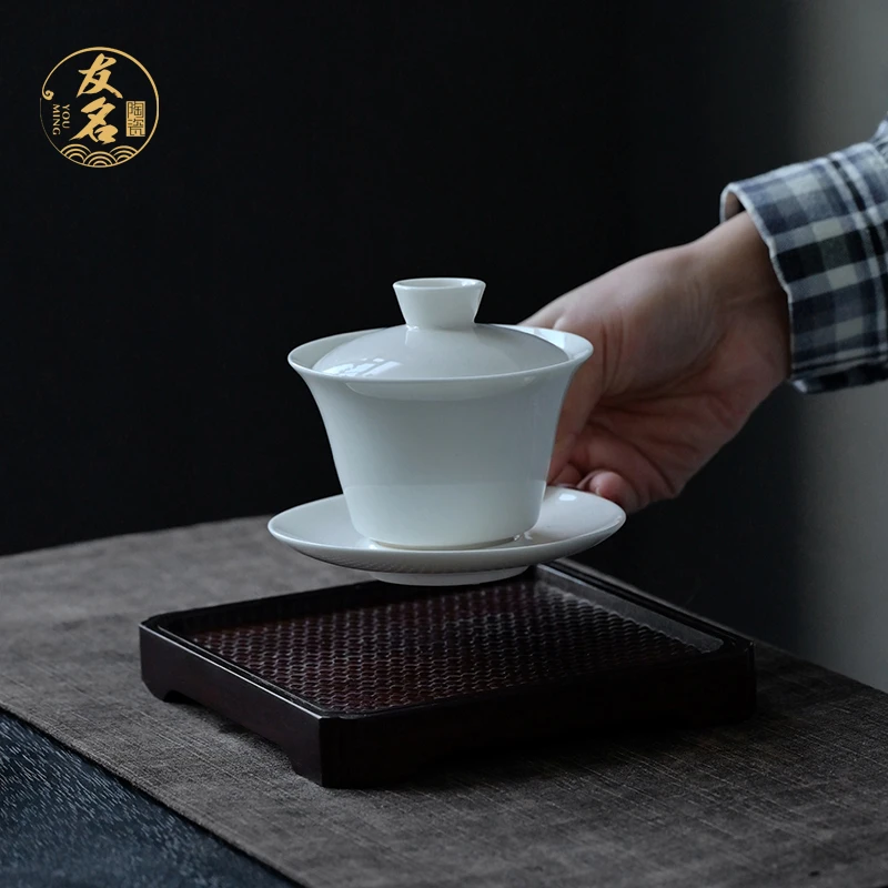 友名陶瓷 羊脂玉瓷纯白三才盖碗简约家用泡茶盖碗茶碗-3006