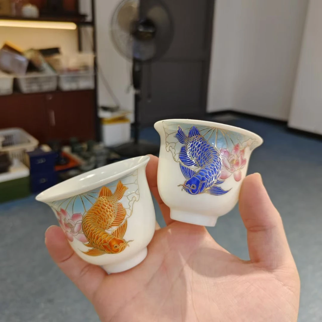 秋香茶具 羊脂玉瓷富贵金龙鱼反口对杯茶杯品茗杯礼盒装-5774