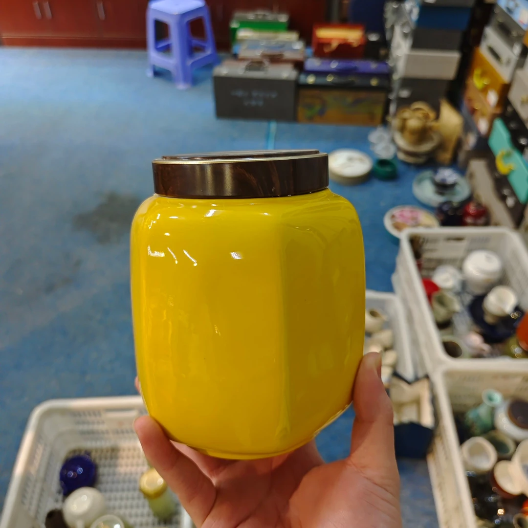 心名茶器 黄色六方陶瓷茶叶罐-4207