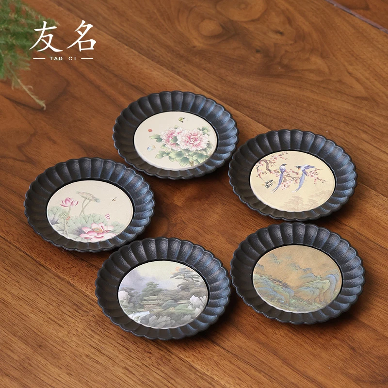 友名陶瓷 国风创意圆形速干吸水杯垫防滑垫实木小杯托功夫茶杯垫