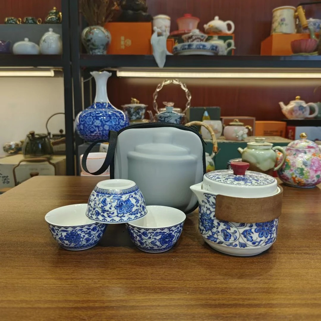 秋香茶具 羊脂玉瓷青花缠枝莲一壶三杯旅行茶具户外旅行快客4531