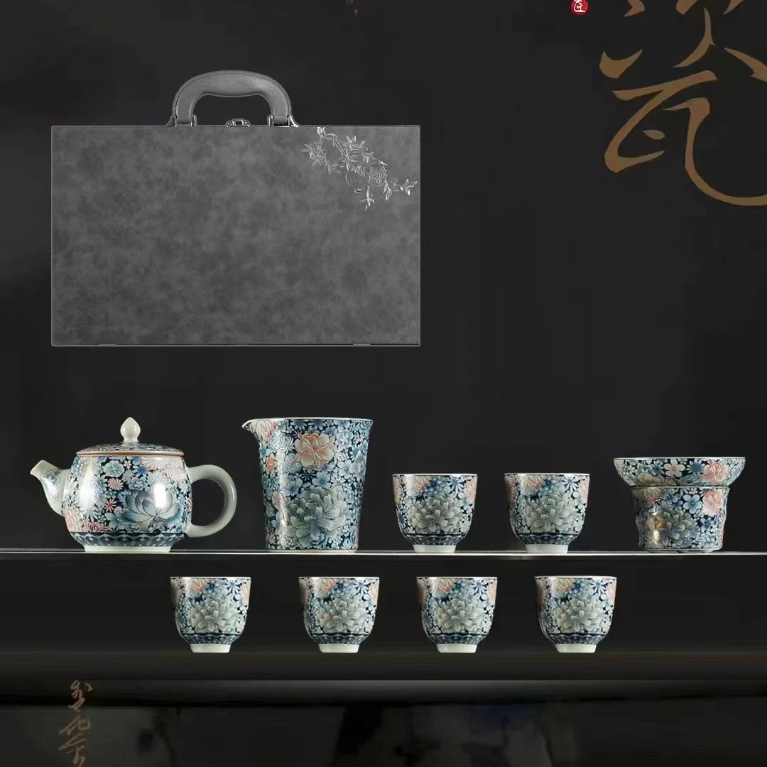 友名陶瓷  掐丝金红牡丹茶壶套组家用送礼茶具套组-678