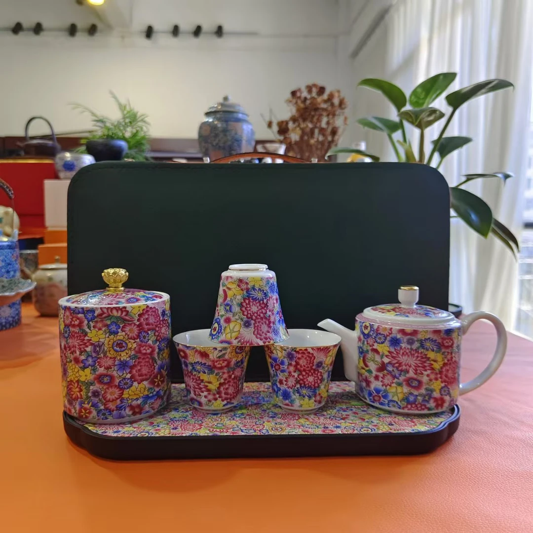 玲珑  羊脂玉瓷珐琅彩万花茶壶旅行茶具轻奢便捷式旅行套装4773号